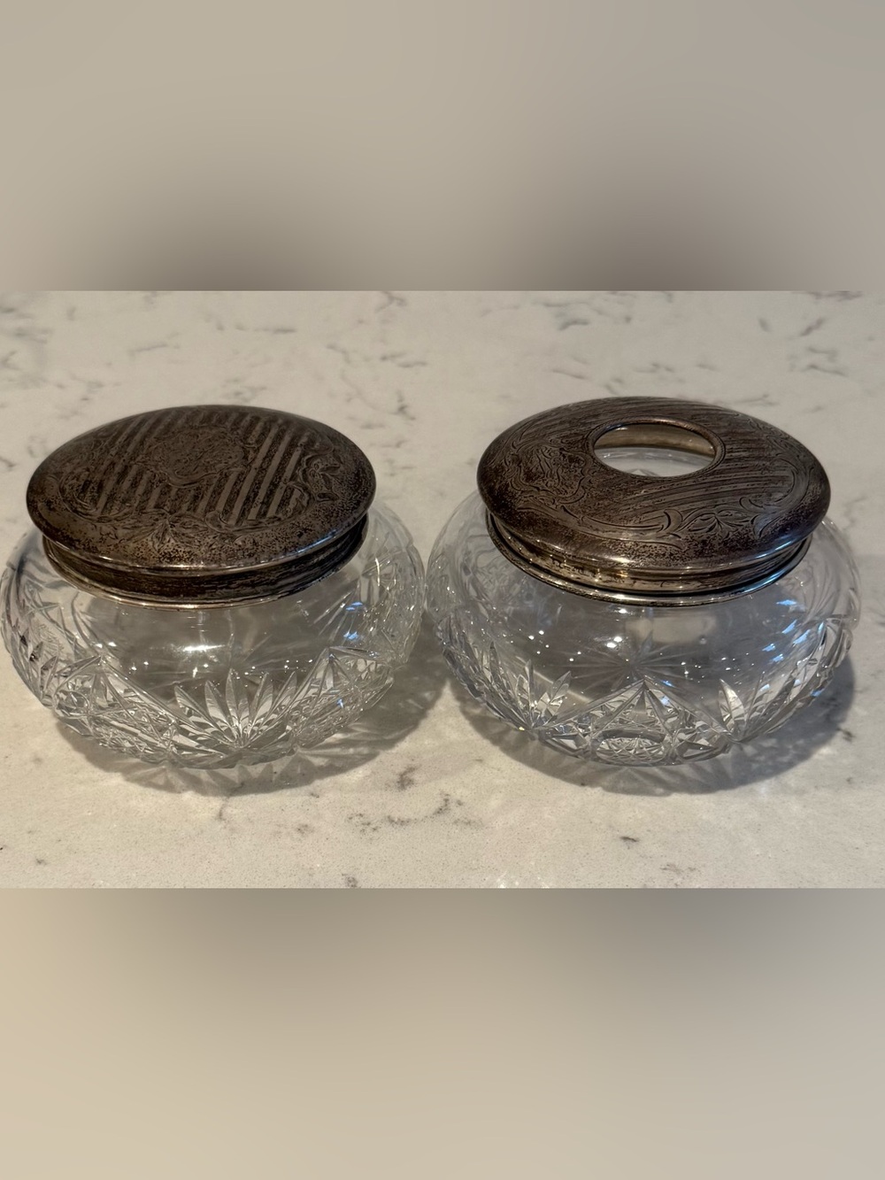 Antique Dresser Jars Sterling And Cut Crystal Set Of 2 Engraved